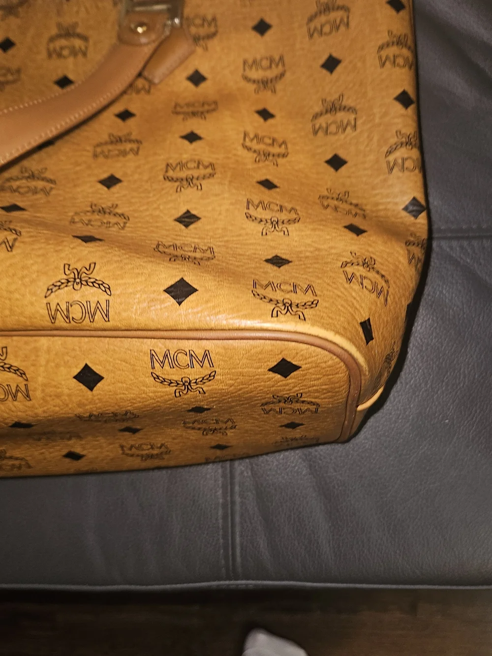 MCM Cognac Visetos Logo Tote with Orange Center Stripe